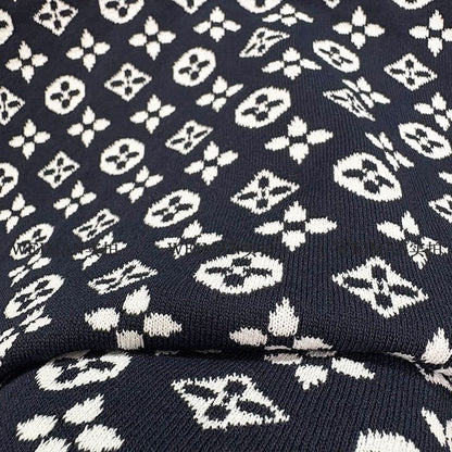 【#A466】Navy All Over Jacquard Knit Short Sleeve Tee, Men Vintage Luxury Crew Neck Slim Top