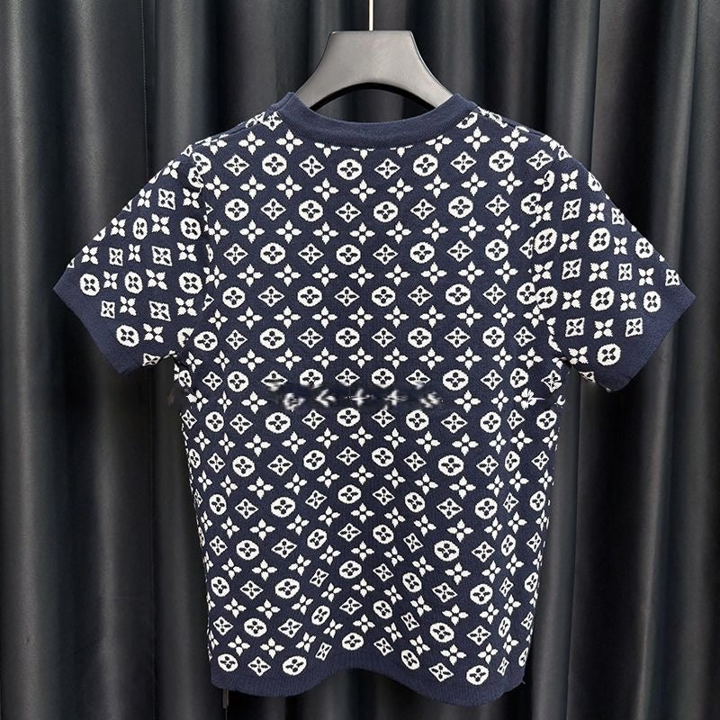 【#A466】Navy All Over Jacquard Knit Short Sleeve Tee, Men Vintage Luxury Crew Neck Slim Top