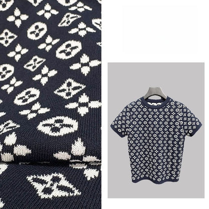 【#A466】Navy All Over Jacquard Knit Short Sleeve Tee, Men Vintage Luxury Crew Neck Slim Top