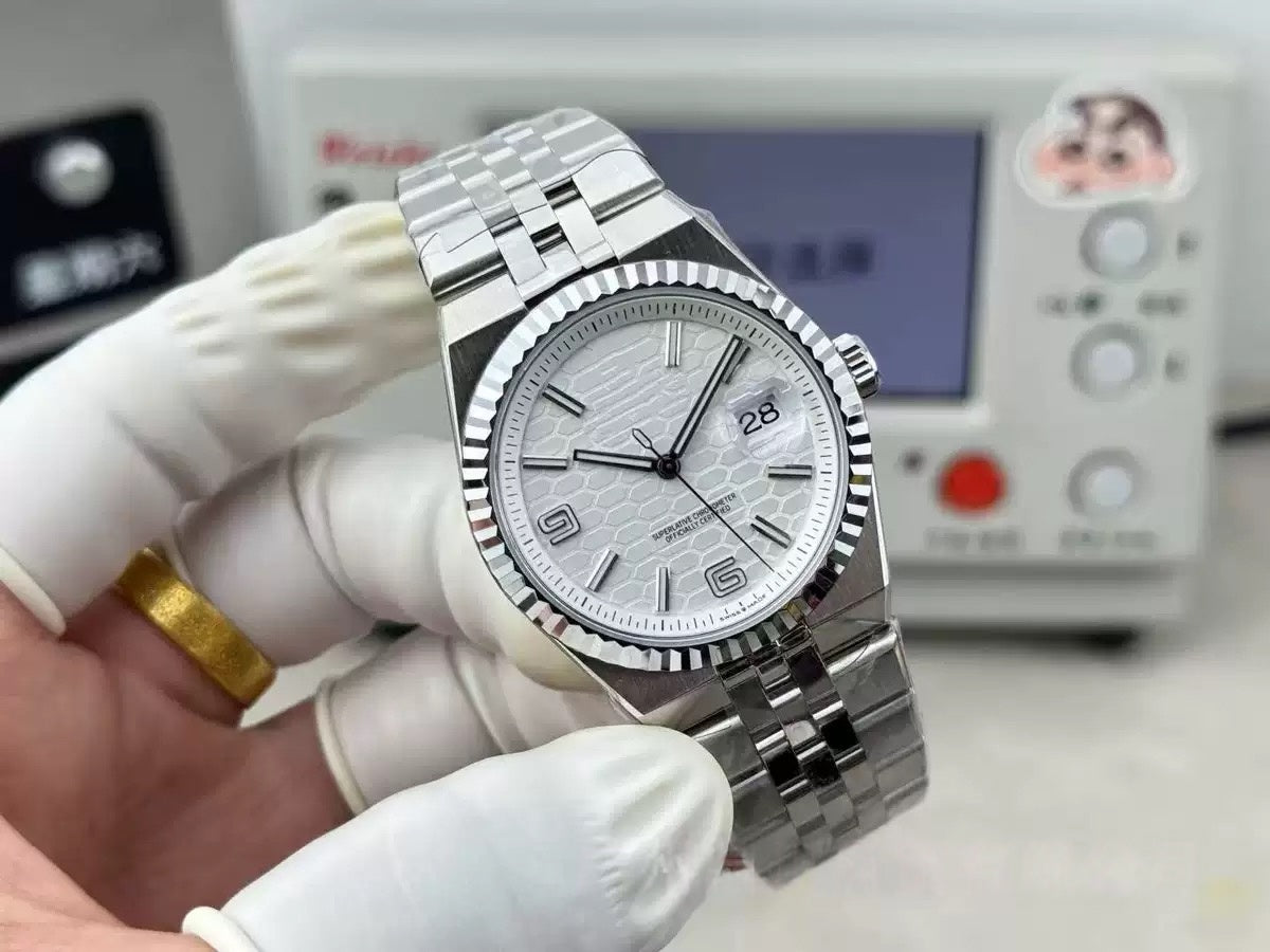 【#A469】Honeycomb Texture Calendar Automatic Watch, Unisex Five-link Steel Band Diamond Business Timepiece