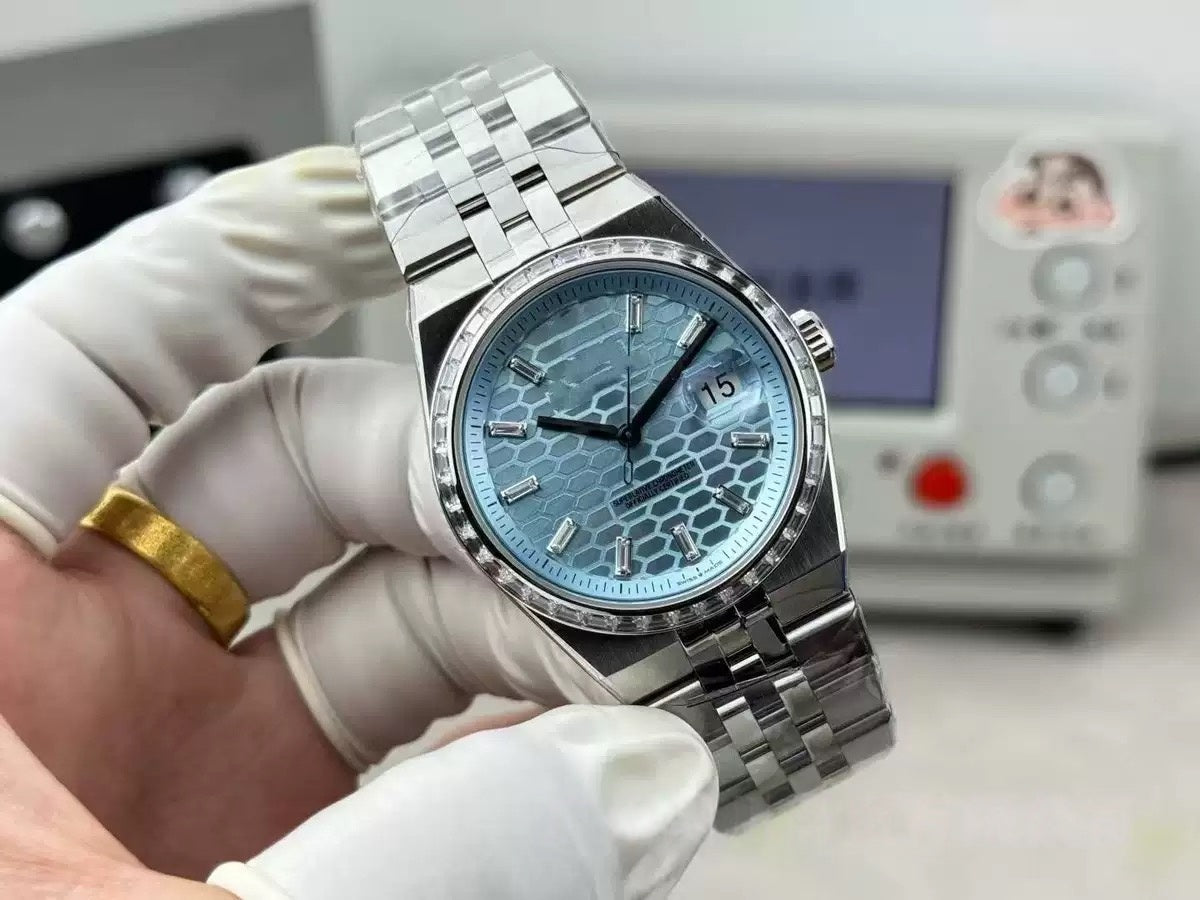 【#A469】Honeycomb Texture Calendar Automatic Watch, Unisex Five-link Steel Band Diamond Business Timepiece
