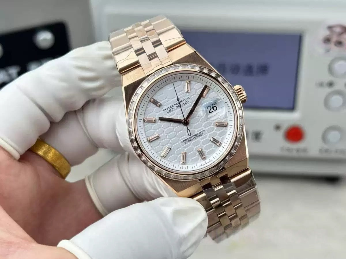 【#A469】Honeycomb Texture Calendar Automatic Watch, Unisex Five-link Steel Band Diamond Business Timepiece
