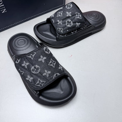 【#A470】Monogram Print Velcro Platform Slide Sandals, Unisex Summer Anti-slip Elevated Casual Slippers