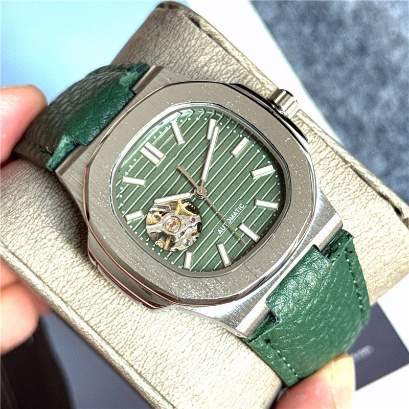 【#A471】Square Hollow Automatic Watch For Men, Grain Leather Strap Business Luxury Mechanical Timepiece