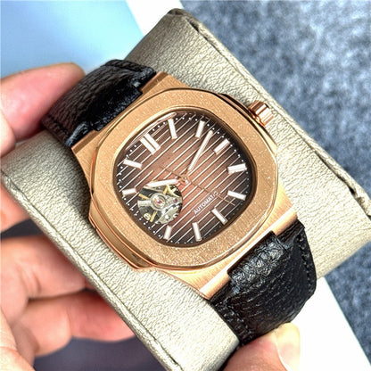 【#A471】Square Hollow Automatic Watch For Men, Grain Leather Strap Business Luxury Mechanical Timepiece