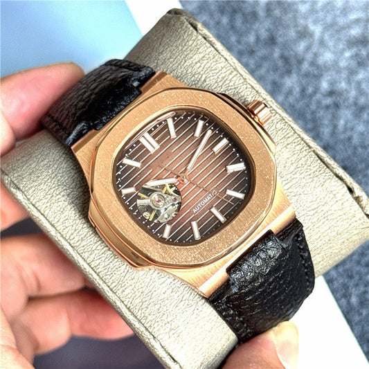 【#A471】Square Hollow Automatic Watch For Men, Grain Leather Strap Business Luxury Mechanical Timepiece