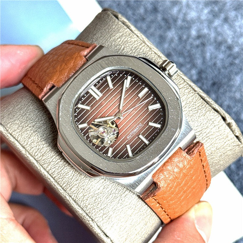 【#A471】Square Hollow Automatic Watch For Men, Grain Leather Strap Business Luxury Mechanical Timepiece