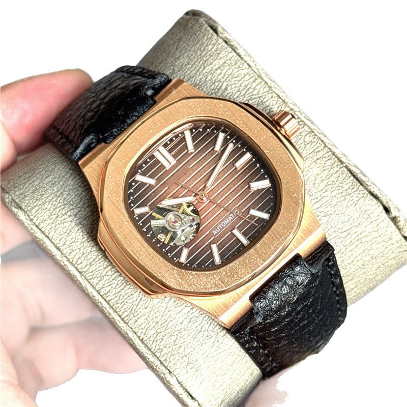 【#A471】Square Hollow Automatic Watch For Men, Grain Leather Strap Business Luxury Mechanical Timepiece