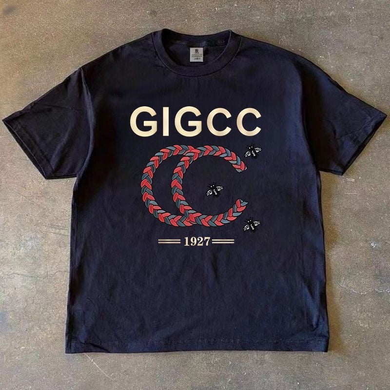 【#A472】Vintage Braided Double C Bee Print Short Sleeve Tee, Unisex Loose Washed Cotton Casual Top