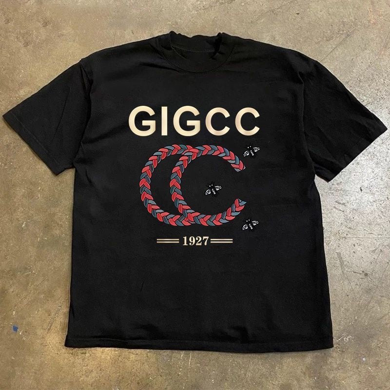 【#A472】Vintage Braided Double C Bee Print Short Sleeve Tee, Unisex Loose Washed Cotton Casual Top