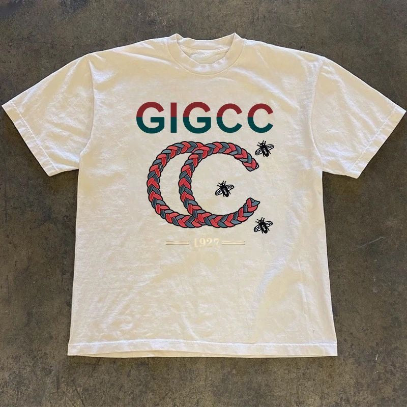 【#A472】Vintage Braided Double C Bee Print Short Sleeve Tee, Unisex Loose Washed Cotton Casual Top