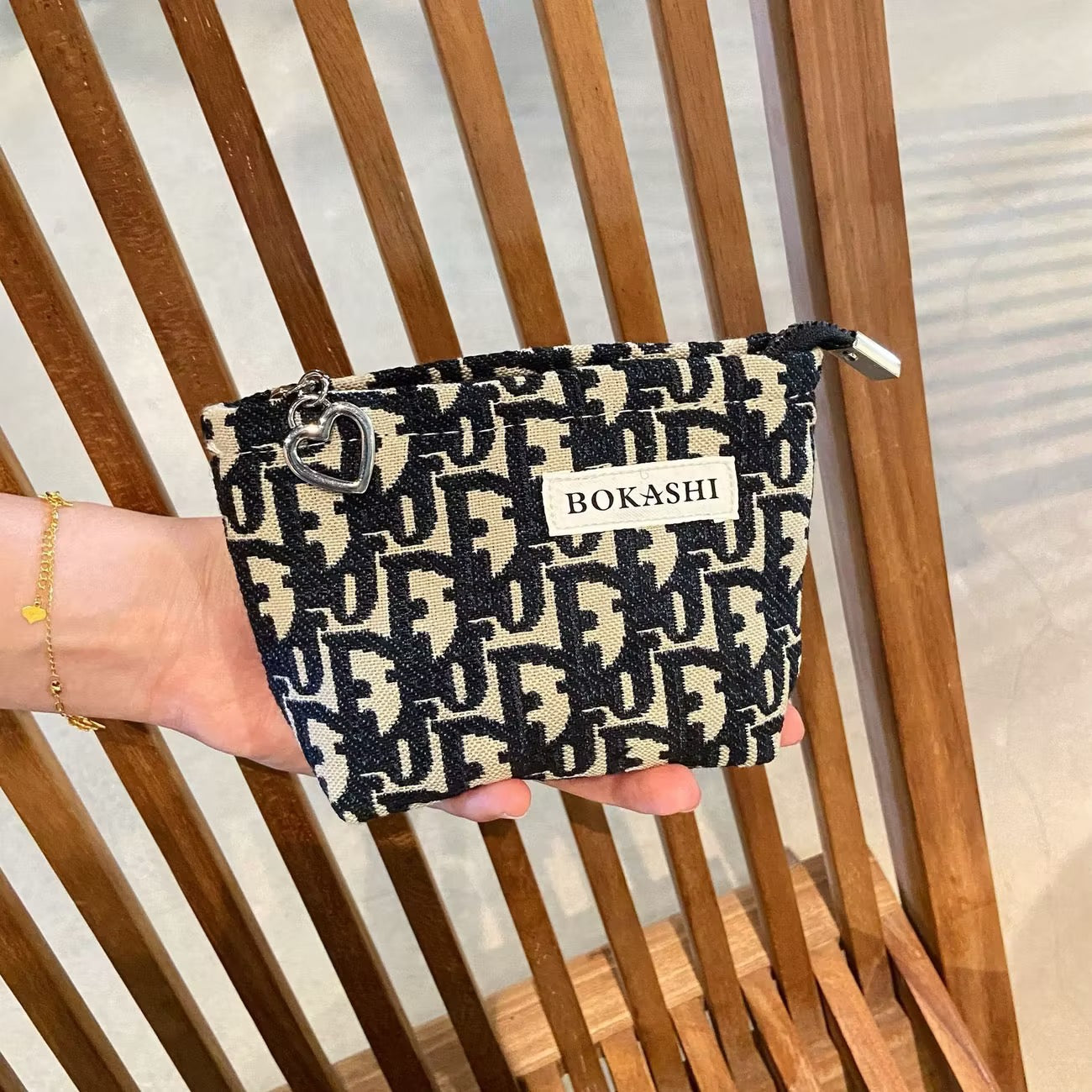 【#A473】Vintage Jacquard Heart Zipper Pouch, Portable Coin Lipstick Cosmetic Bag For Women