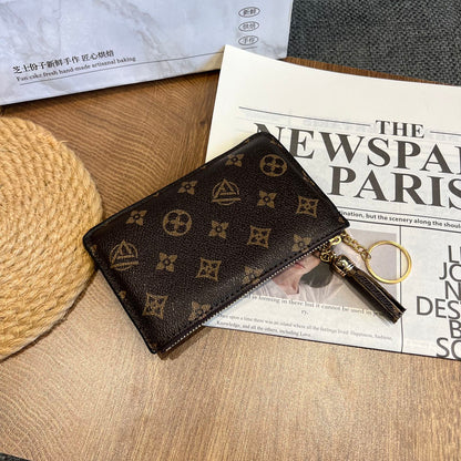 【#A474】Vintage All Print Tassel Key Coin Purse, Multi-card Slot Long Zipper Card Holder Clutch Pouch