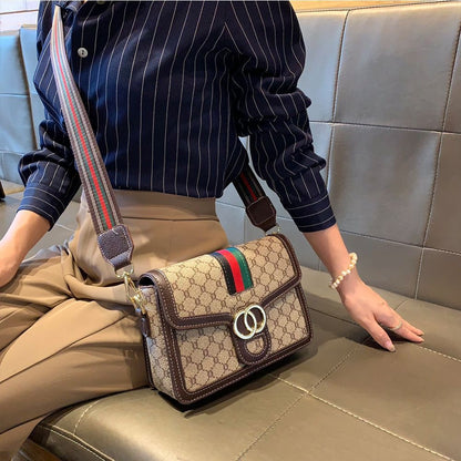 【#A475】Vintage Monogram Webbing Small Square Bag, Women Double Ring Buckle Wide Strap Crossbody Shoulder Purse