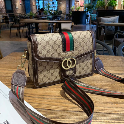 【#A475】Vintage Monogram Webbing Small Square Bag, Women Double Ring Buckle Wide Strap Crossbody Shoulder Purse