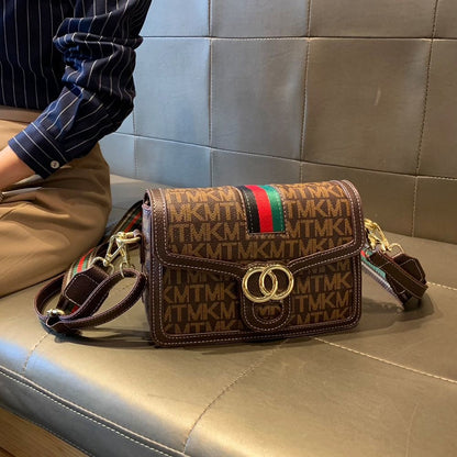 【#A475】Vintage Monogram Webbing Small Square Bag, Women Double Ring Buckle Wide Strap Crossbody Shoulder Purse