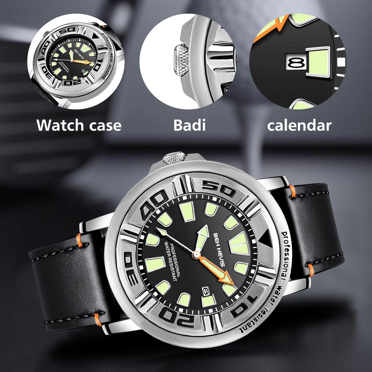 【#A477】Large Dial Luminous Calendar Diving Watch, Men Waterproof Leather Strap Sports Quartz Timepiece