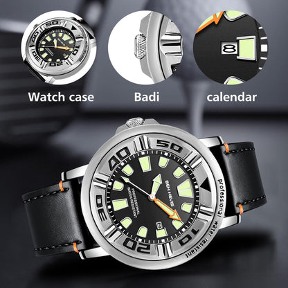 【#A477】Large Dial Luminous Calendar Diving Watch, Men Waterproof Leather Strap Sports Quartz Timepiece