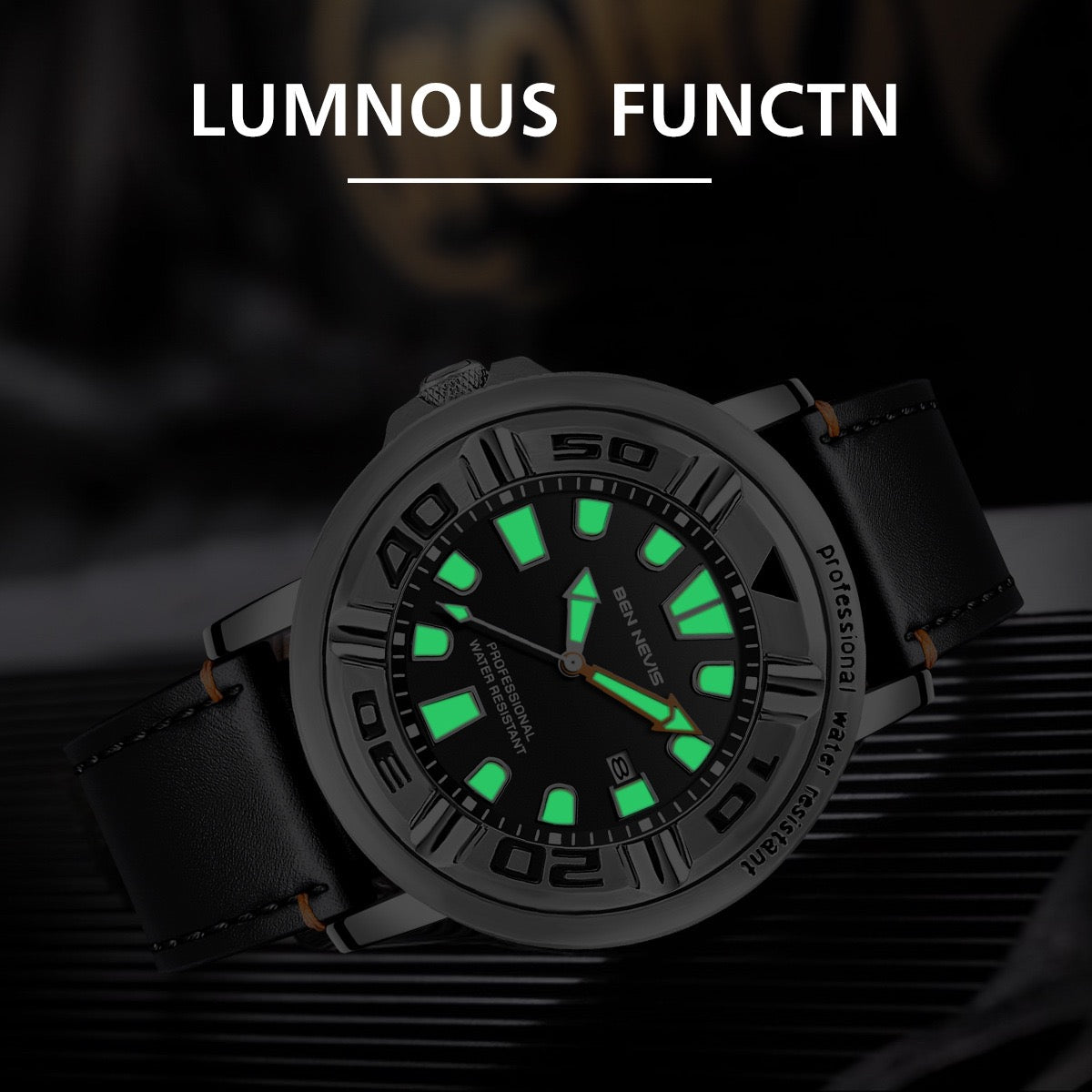 【#A477】Large Dial Luminous Calendar Diving Watch, Men Waterproof Leather Strap Sports Quartz Timepiece