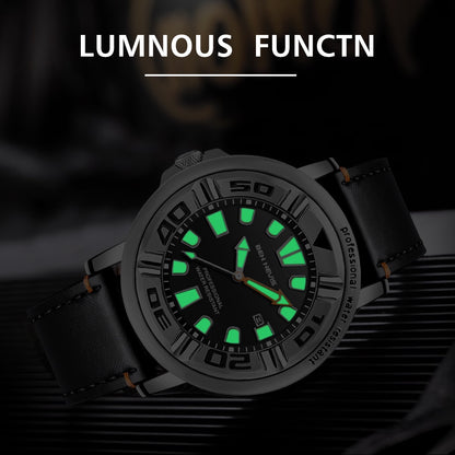 【#A477】Large Dial Luminous Calendar Diving Watch, Men Waterproof Leather Strap Sports Quartz Timepiece