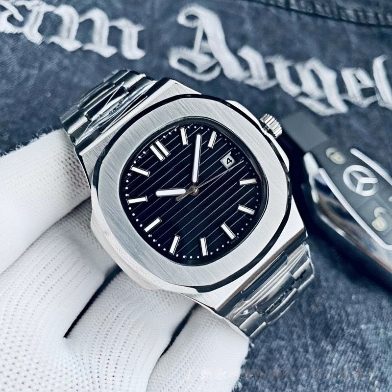 【#A478】Octagonal Steel Band Calendar Mechanical Watch, Minimal Vertical Dial Business Automatic Wristwatch For Men