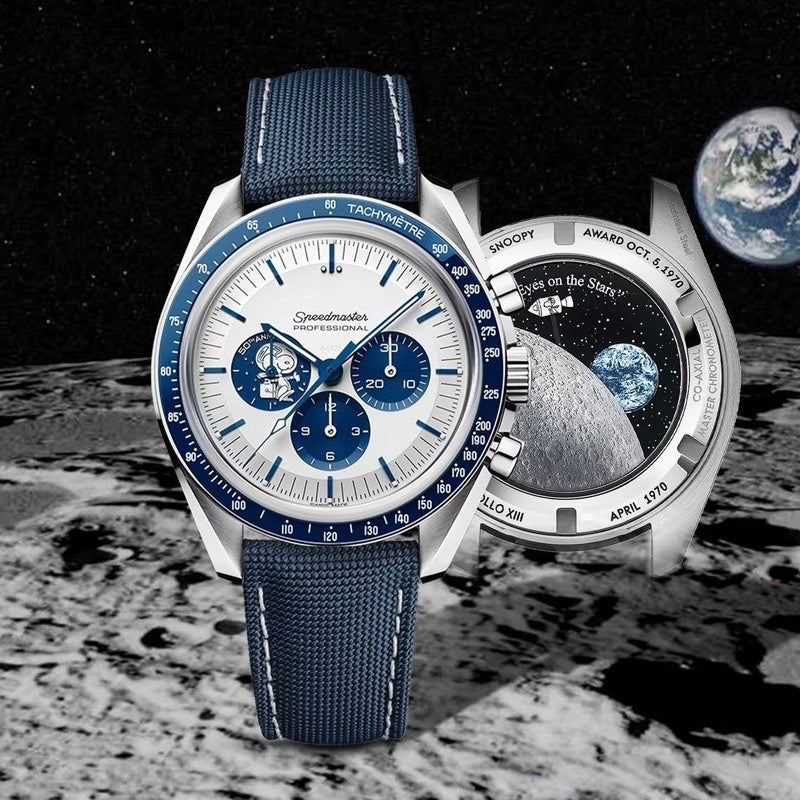 【#A479】Space Multi-function Chronograph Watch, Men Blue Bezel Canvas & Steel Band Sports Quartz Wristwatch