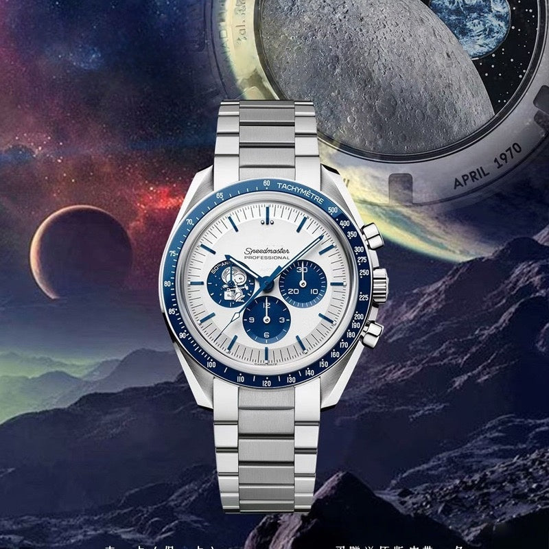 【#A479】Space Multi-function Chronograph Watch, Men Blue Bezel Canvas & Steel Band Sports Quartz Wristwatch