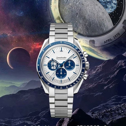 【#A479】Space Multi-function Chronograph Watch, Men Blue Bezel Canvas & Steel Band Sports Quartz Wristwatch