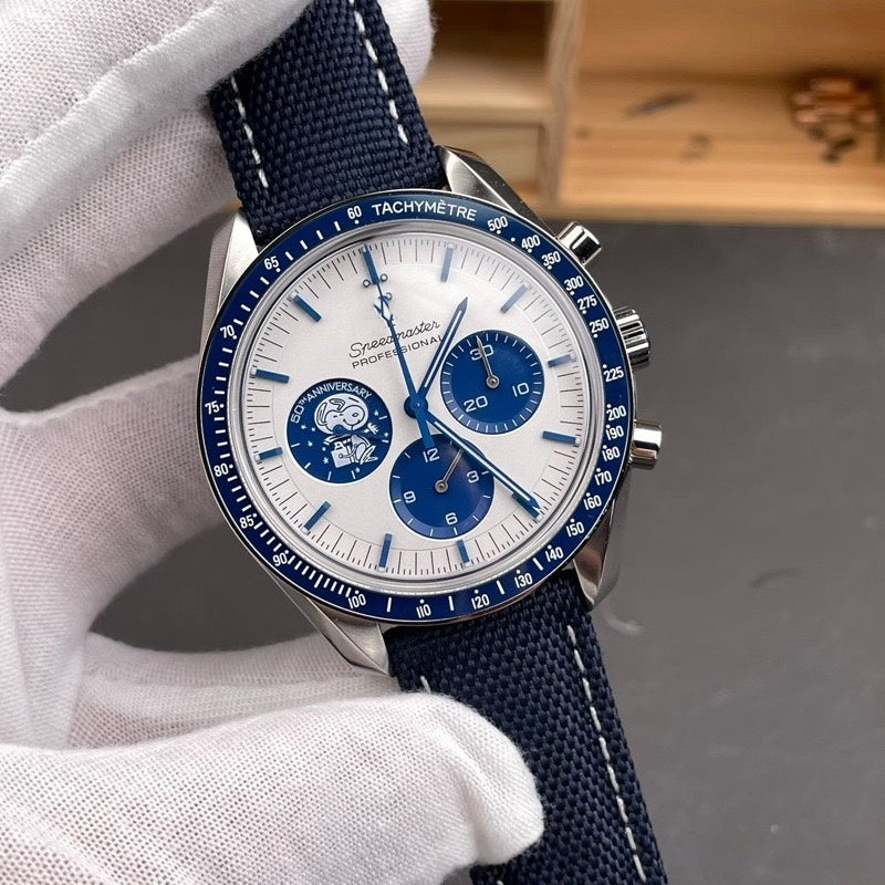 【#A479】Space Multi-function Chronograph Watch, Men Blue Bezel Canvas & Steel Band Sports Quartz Wristwatch