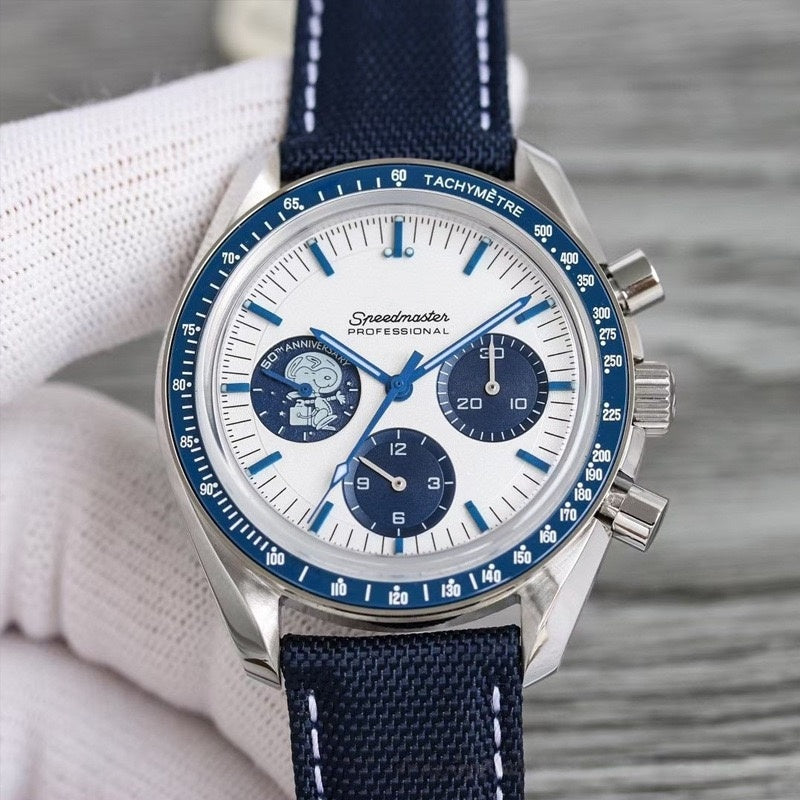 【#A479】Space Multi-function Chronograph Watch, Men Blue Bezel Canvas & Steel Band Sports Quartz Wristwatch