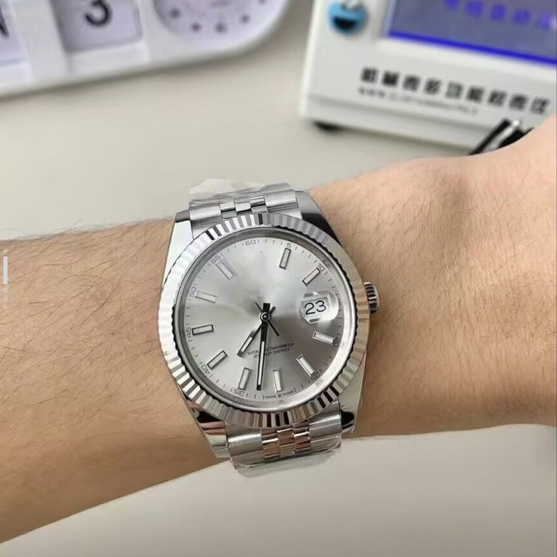 【#A480】Fluted Bezel Five-link Steel Band Day Date Mechanical Watch, Minimal Business Automatic Wristwatch For Men