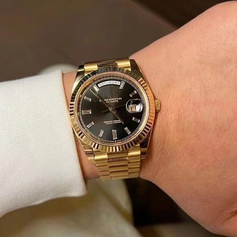 【#A480】Fluted Bezel Five-link Steel Band Day Date Mechanical Watch, Minimal Business Automatic Wristwatch For Men