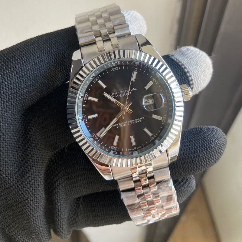 【#A480】Fluted Bezel Five-link Steel Band Day Date Mechanical Watch, Minimal Business Automatic Wristwatch For Men