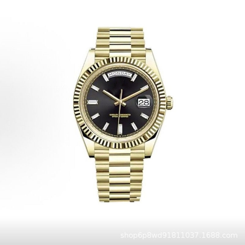 【#A480】Fluted Bezel Five-link Steel Band Day Date Mechanical Watch, Minimal Business Automatic Wristwatch For Men