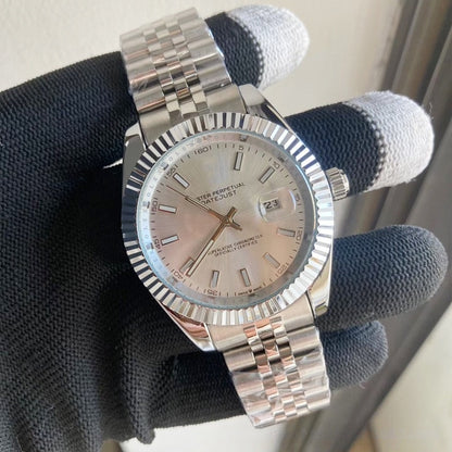 【#A480】Fluted Bezel Five-link Steel Band Day Date Mechanical Watch, Minimal Business Automatic Wristwatch For Men