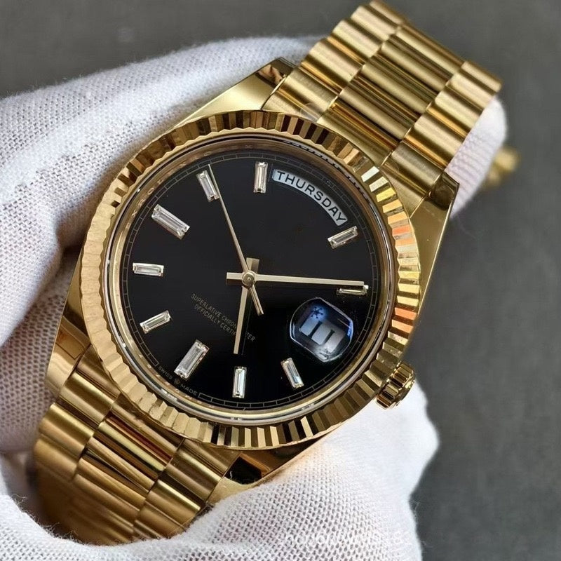 【#A480】Fluted Bezel Five-link Steel Band Day Date Mechanical Watch, Minimal Business Automatic Wristwatch For Men
