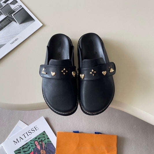 【#A481】Vintage Print Metal Decor Mule Slides, Women Platform Slip On Outdoor Sandal