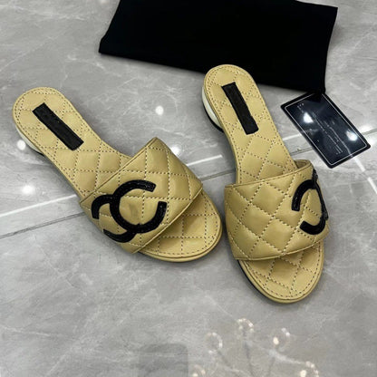 【#A483】Quilted Embroidery Double C Flat Slide Sandals, Women Summer Minimal Low Heel Mules