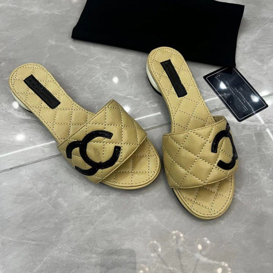 【#A483】Quilted Embroidery Double C Flat Slide Sandals, Women Summer Minimal Low Heel Mules