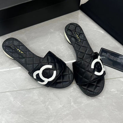【#A483】Quilted Embroidery Double C Flat Slide Sandals, Women Summer Minimal Low Heel Mules