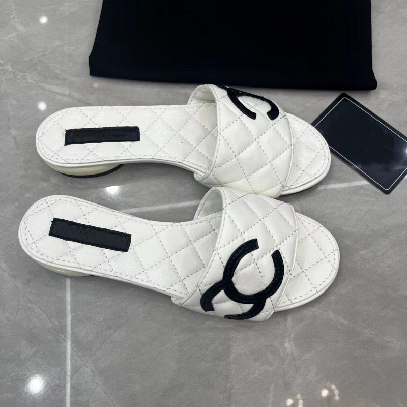 【#A483】Quilted Embroidery Double C Flat Slide Sandals, Women Summer Minimal Low Heel Mules