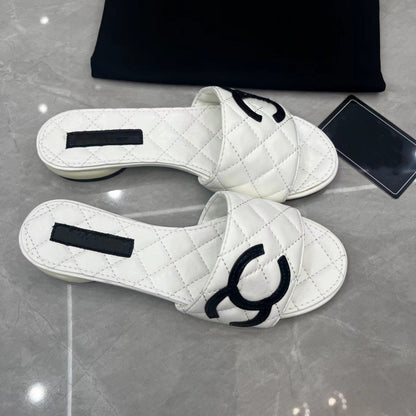 【#A483】Quilted Embroidery Double C Flat Slide Sandals, Women Summer Minimal Low Heel Mules