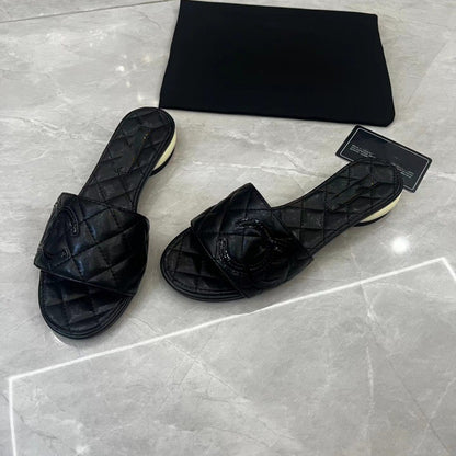 【#A483】Quilted Embroidery Double C Flat Slide Sandals, Women Summer Minimal Low Heel Mules