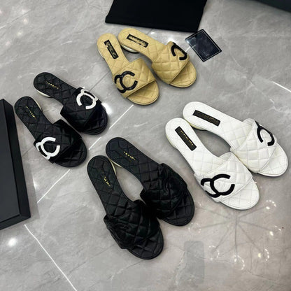【#A483】Quilted Embroidery Double C Flat Slide Sandals, Women Summer Minimal Low Heel Mules