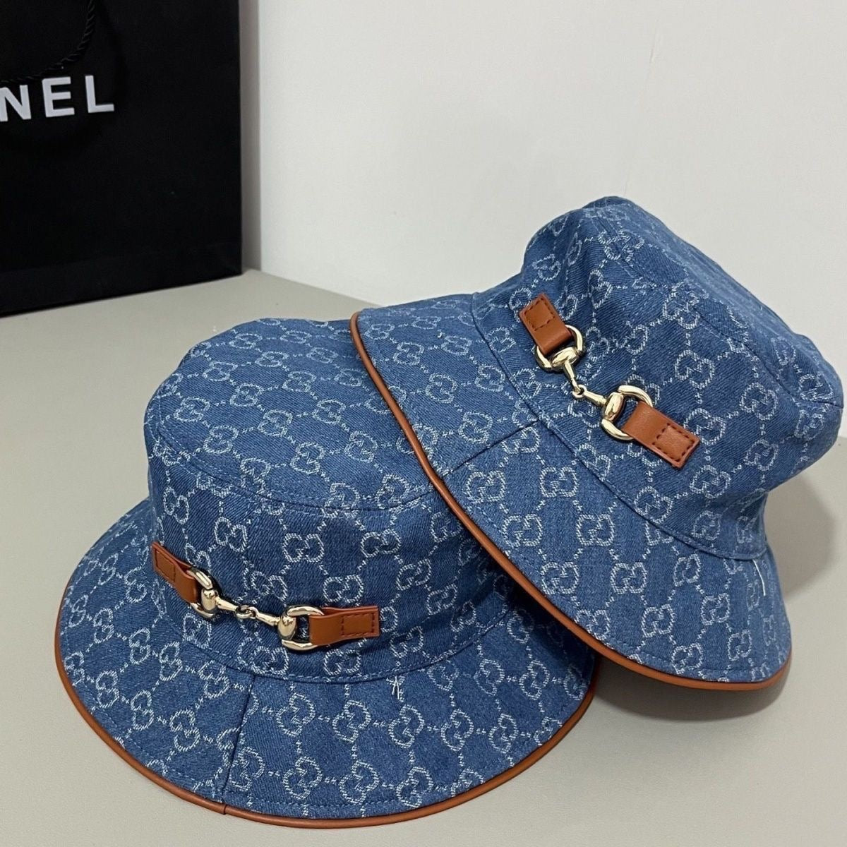 【#A486】Denim All Print Horsebit Bucket Hat, Retro Wide Brim Sun Hat