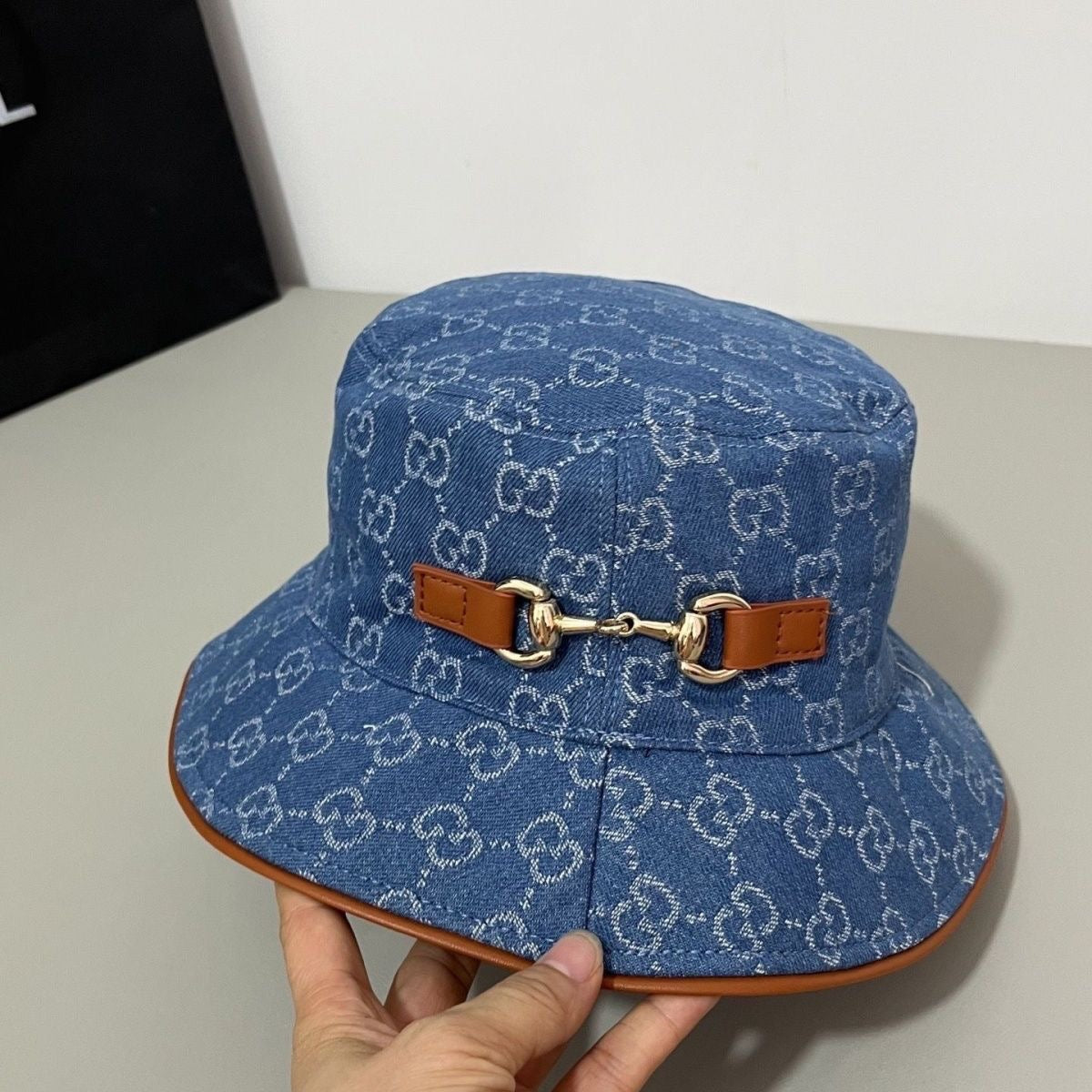 【#A486】Denim All Print Horsebit Bucket Hat, Retro Wide Brim Sun Hat