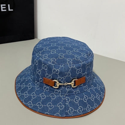 【#A486】Denim All Print Horsebit Bucket Hat, Retro Wide Brim Sun Hat