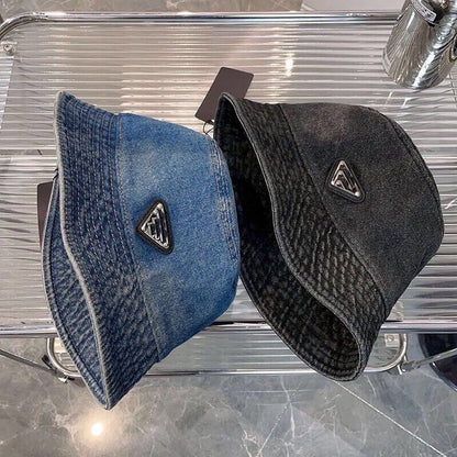 【#A487】Washed Denim Triangle Metal Logo Bucket Hat, Unisex Vintage Wide Brim Sun Hat