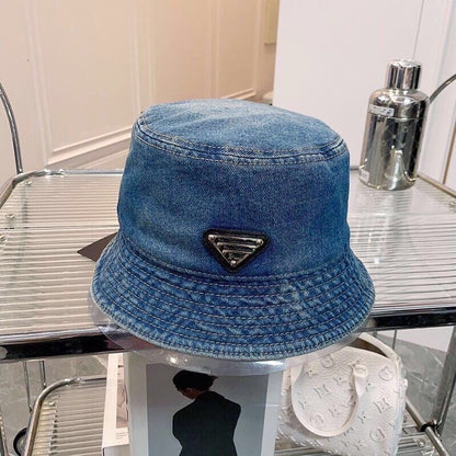 【#A487】Washed Denim Triangle Metal Logo Bucket Hat, Unisex Vintage Wide Brim Sun Hat