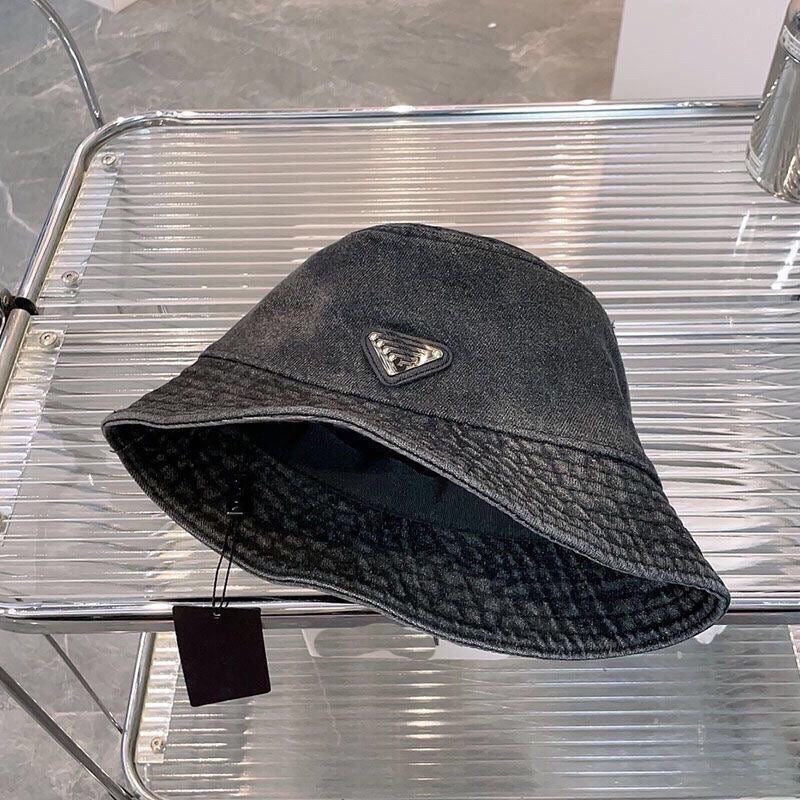 【#A487】Washed Denim Triangle Metal Logo Bucket Hat, Unisex Vintage Wide Brim Sun Hat